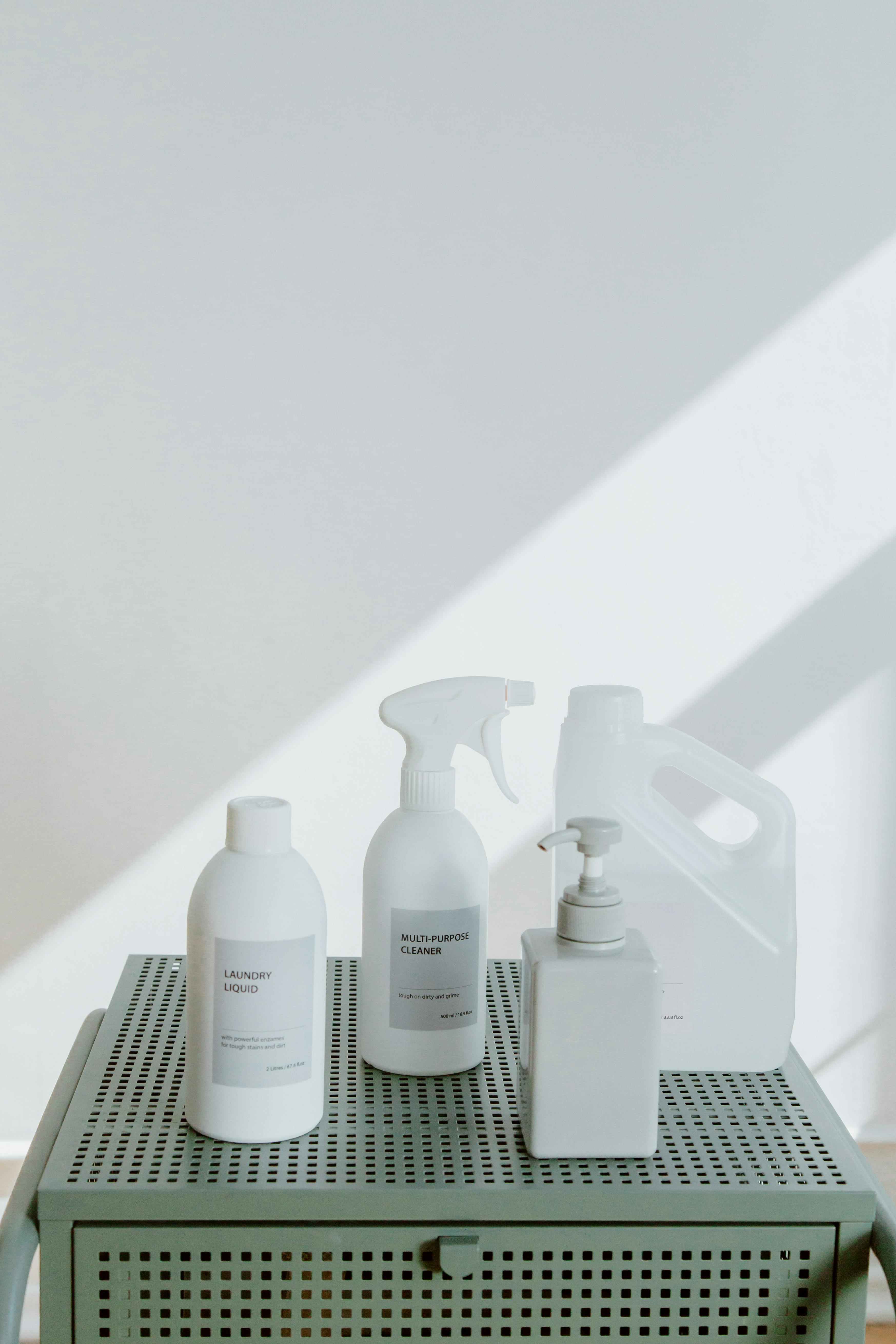 Cleaning products lined on shelf