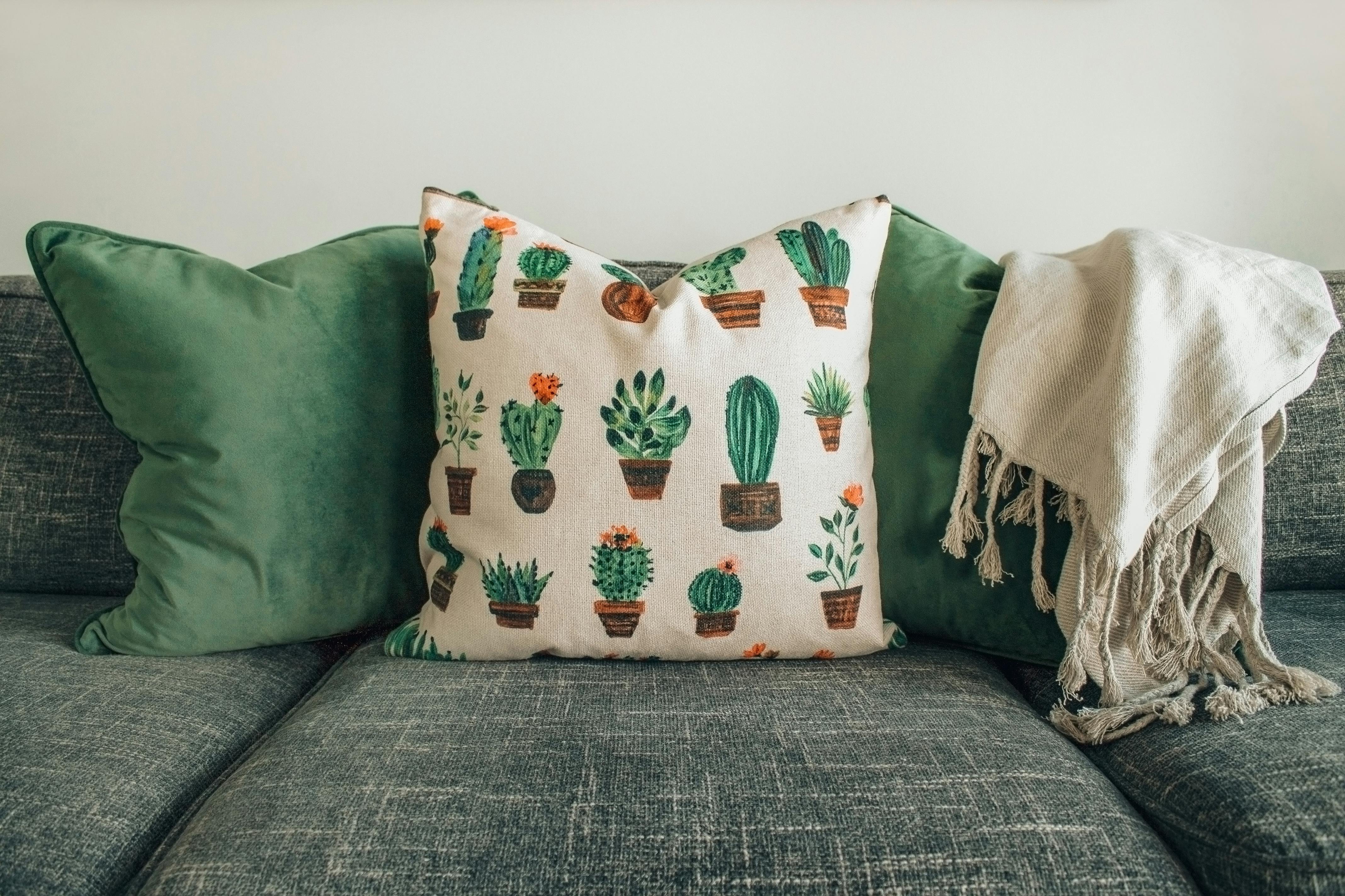 Patterned cushion covers on sofa